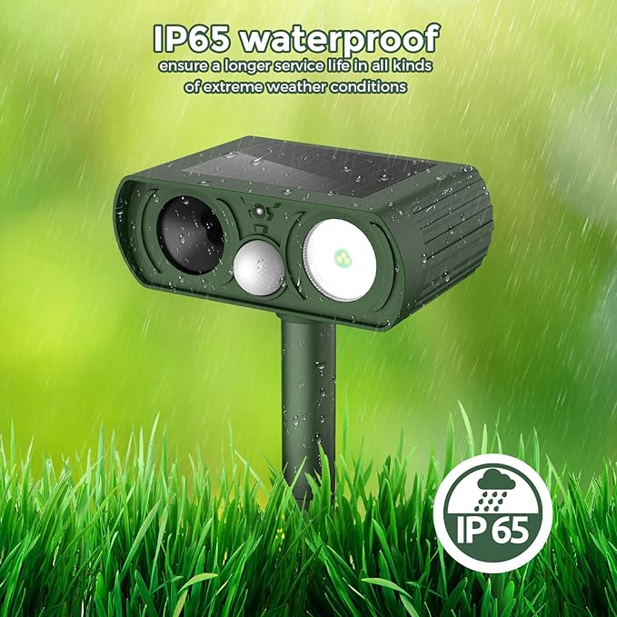 Upgraded Solar Ultrasonic Animal Repellent Outdoor Deer Repellent Devices Squirrel Cat Raccoon Rabbit Dog Deterrent Keep Skunk Away Motion Detection with Flash Light for Yard Garden Lawn 2PACKGreen