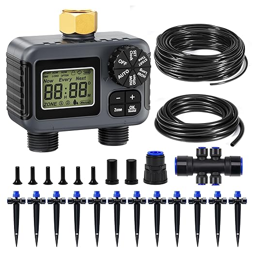 HIRALIY 50FT Drip Irrigation Kit with Garden Water Timer-2 Zone Automatic Garden Watering System for Raised Bed Quick Connect Design Irrigation System for Plant Patio