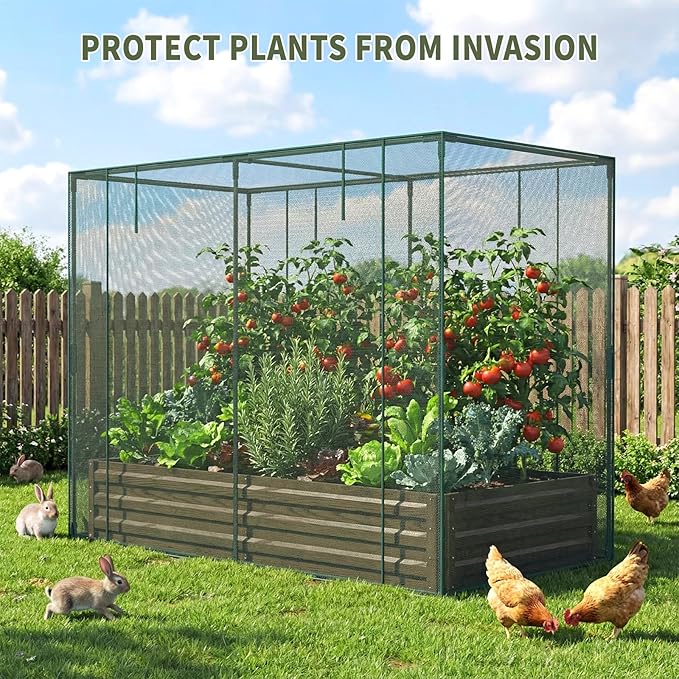 SUNYRISY Galvanized Raised Garden Bed with Protection Netting Outdoor Metal Planter Box with Plant Crop Cage Garden Box Protection for Gardening Vegetables Flowers Herbs Planting Wood Grain