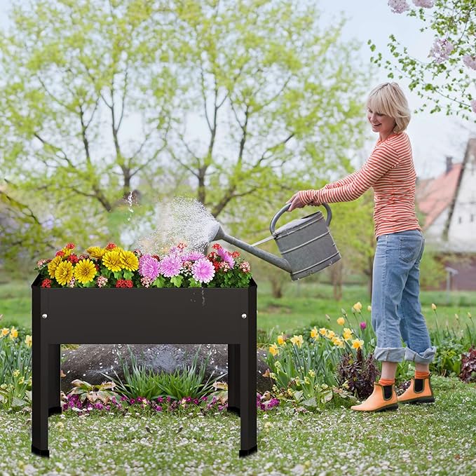 Raised Garden Bed with Detachable Legs Elevated Metal Planter Box for Growing Fresh Herbs Vegetables Flowers Succulents&ampOther Plants for Outdoor Backyard Patio Deck Balcony Black S