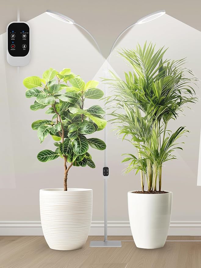 GLOWRIUM Grow Lights for Indoor Plants Full Spectrum LED Grow Light Stepless Dimming3 Lighting Mode and Adjustable Height Plant Light with 3/9/12/16H Timer (White 48W)