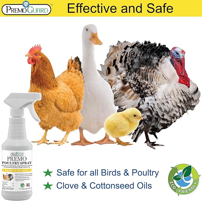 Premo Guard Poultry Spray - 16 oz - Kill Scaly Leg Mites Fleas Lice &amp Other Pest on Chickens and in Coops - Natural Plant Based Oils for Control &amp Prevention - Family Safe with No Egg Wit
