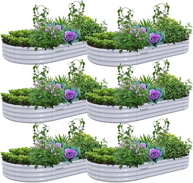 6 Pack 8x4x1FT Galvanized Raised Garden Bed Kit Oval Metal Ground Planter Box Outdoor Bottomless Planter Raised Beds for Vegetables Flowers Herbs Fruits Gray