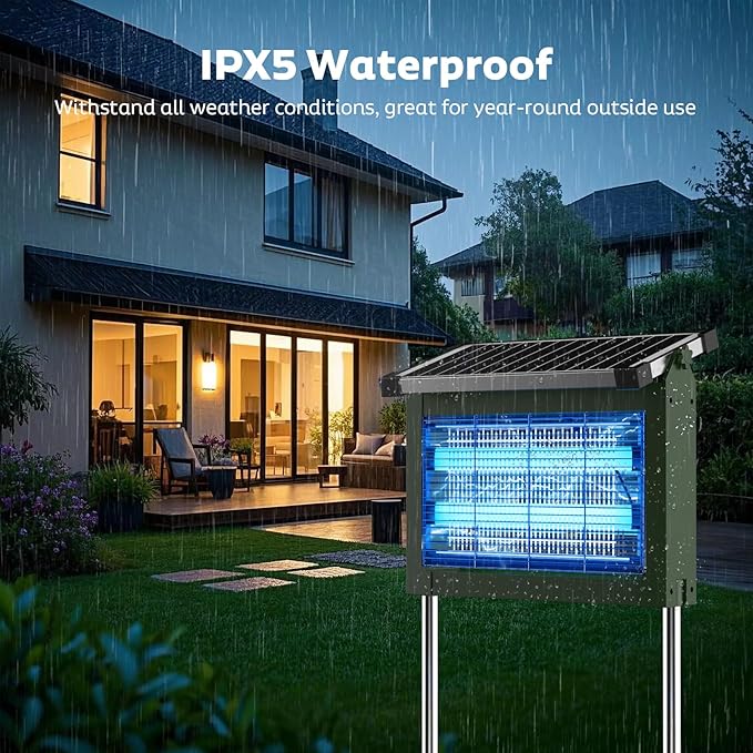 Solar Bug Zapper Outdoor Mosquito Zapper Waterproof Electric Fly Zapper Rechargeable Mosquito Killer Lamp with 10W Solar Panel 4500V Cordless Fly Trap for Backyard Patio Garden RV Camping