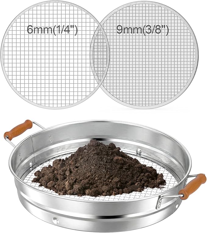 Soil Sifter with Handle for Gardening–14 Large Stainless Steel Soil Sieve-2 Replaceable Mesh Screens 6mm/9mm-Garden Sifter for Dirt Rocks Compost Gravel Pellet Sand