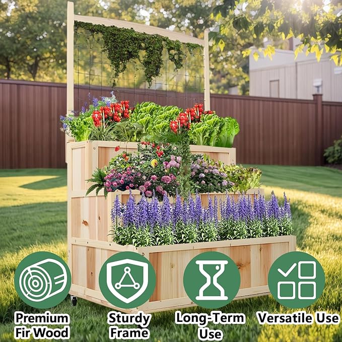 Raised Garden Bed with Legs Wooden Standing Planter Box with 8 Grids Divider &amp Protective Liner Patio Raised Planter Box for Vegetables Flowers Herbs (Natural Light Wood 31.50 Inch)