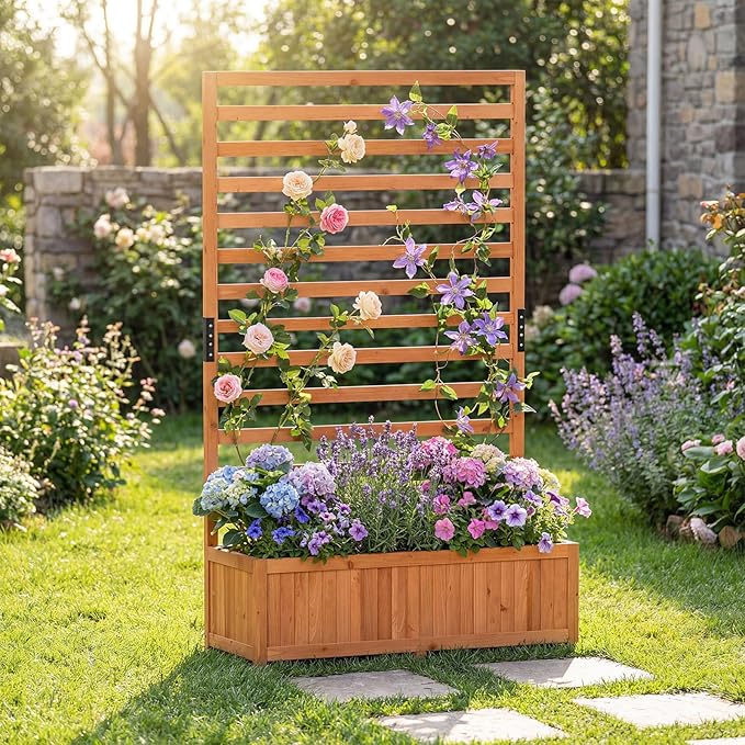Raised Garden Bed Fir Wood Elevated Planter with Climbing Trellis &amp Fitted Liner All-in-One Planter for Patio Balcony Rooftop Sunroom Outdoor Urban Gardeners &amp Plant Lovers Orange ﻿ (2)