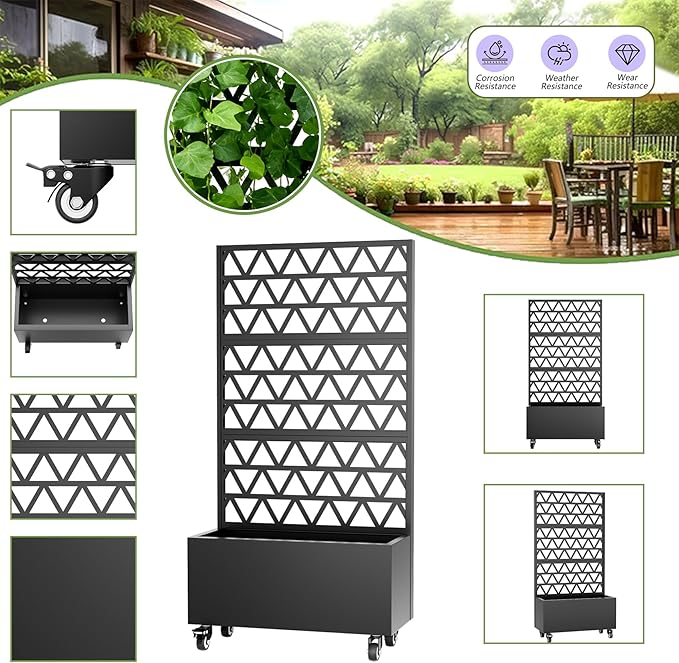 Sturdy 47 Metal Planter Box with Trellis on Wheels Galvanized Steel Raised Garden Bed Privacy Screen 71 Tall Mobile Vertical Garden Planter for Patio Outdoor Climbing Plant Support Black