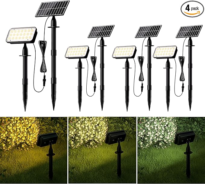 JACKYLED Solar Spot Lights Outdoor 84-LED Solar Spotlights with 10ft Cord 5 Lighting Modes IP65 Waterproof Landscape Lights for Yard Garden Pathway Ground &amp Wall Mount 4-Pack