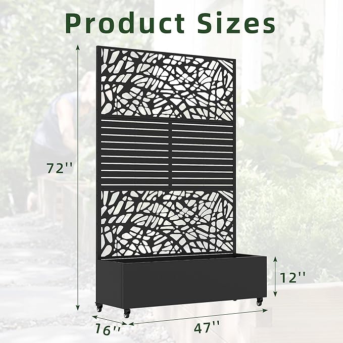 Casaphoria Metal Raised Garden Bed with Trellis and Wheels 72x47x16 Arched Planter Box for Climbing Plants Vegetables &amp Vines Features Drainage Holes and Privacy Screen (Black-Net&ampLouver