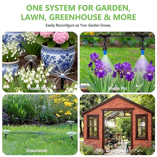 230FT Drip Irrigation System Kit Quick Push-to-Connect Garden Watering System with 1/2'' &amp 1/4'' Tubing Adjustable Drippers &amp Sprayers Auto Irrigation System for Raised Bed Lawn Greenhous