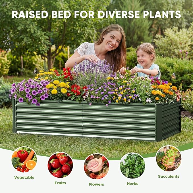 Galvanized Raised Garden Bed Outdoor 8x4x2ft Large Raised Bed for Gardening Metal Planter Box for Vegetables Fruits Flowers and Herb Easy Assembly Food Grade Materials Green