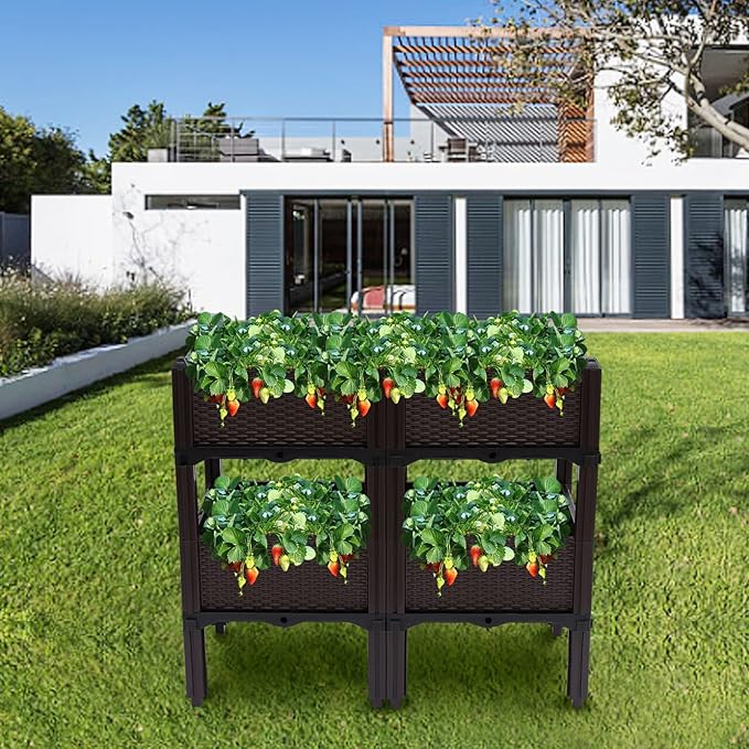 Raised Garden Bed with Legs Garden Boxes Plant Pots Self-Watering Plastic Planter for Indoor Outdoor Vegetables Fruits Potato Flowers (Brown 2+2 Boxes)