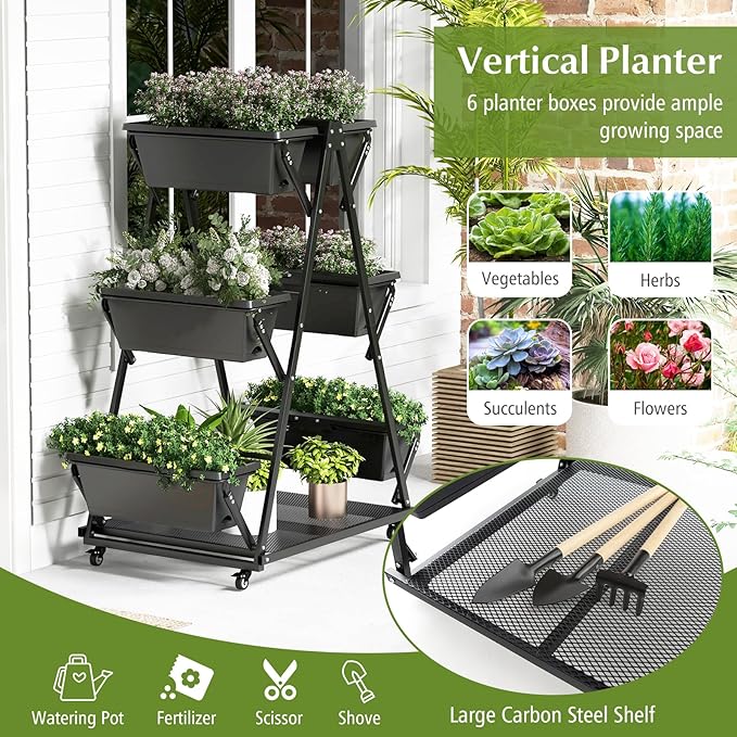 Giantex 6-Tier Rolling Raised Garden Bed Vertical Planter Stand on Wheels with 6 Garden Boxes Storage Shelf Indoor Outdoor Freestanding Raised Beds for Flower Strawberry Vegetable Herb