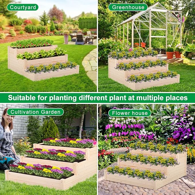 3-Tier Raise Garden Bed Elevated Wooden Planter Box Kit Standing Planter Grow Box Plants Bed for Outdoor Patio Greenhouse Planting Vegetable Herb Flowers and More 48X48X22 Inch