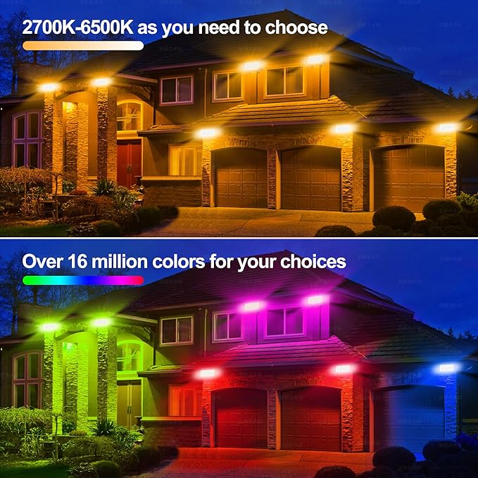 Smart Outdoor Color-Changing Flood Lights RGBCW 360W Linkable LED Wall Washer with App &amp RF Control 2700K-6500K Tunable White Dimmable IP65 RGB Floodlight for House Yard Holiday Party