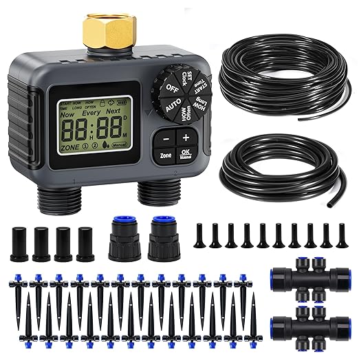 HIRALIY 100FT Drip Irrigation Kit with Garden Water Timer-2 Zone Automatic Garden Watering System for Raised Bed Quick Connect Design Irrigation System for Plant Patio
