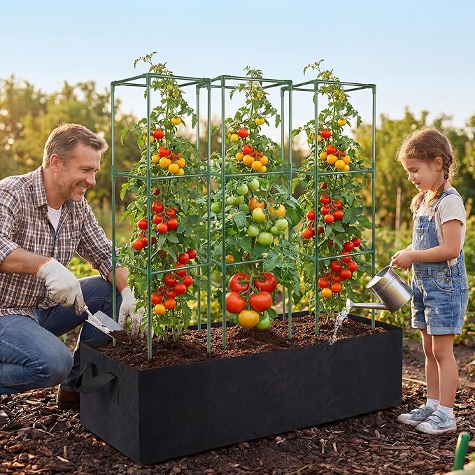 3-Pack Tomato Cage with 86 Gallon Raised Garden Bed - Anti Collapse Steel Core Plant Support System for Climbing Vegetables Plants Flowers 41 Adjustable Vertical Tomato Trellis for Garden Balcony