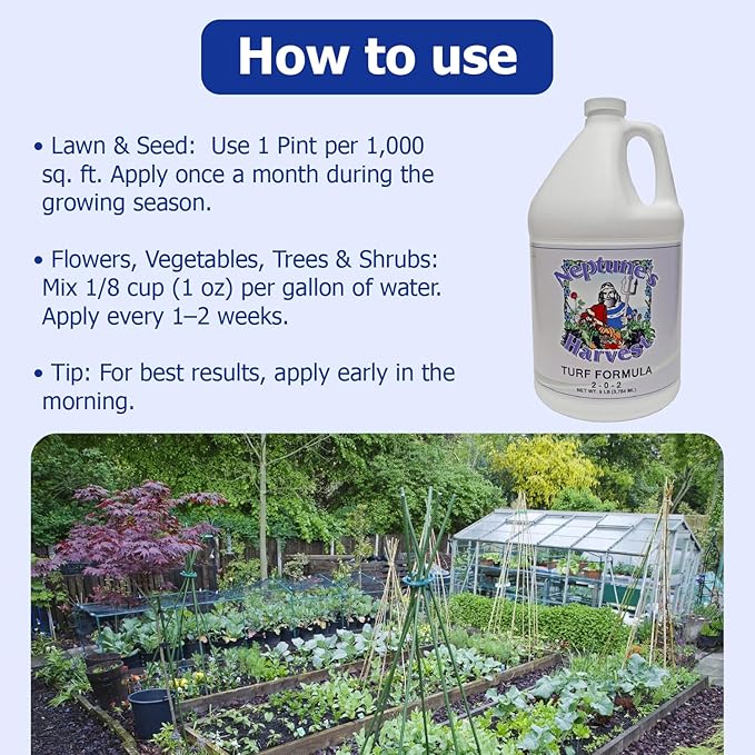 Neptune's Harvest Turf Fertilizer (2-0-2) - 9 LB Bottle - Fish &amp Seaweed-Based Lawn Food Formula - Organic Liquid Fertilizer for Lawn &amp Seed - Ideal for Flowers Vegetables Trees &amp Shrub
