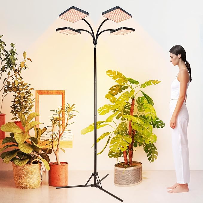 FECiDA 2026 4Head Grow Lights with Upgraded Stand Big Coverage Grow Lights for Indoor Large Plants Bonsai Tree 4/8/12/16/20 Hr Timer 100 Watt Power Draw NO Need Adapter 24-76 Height Adjustable