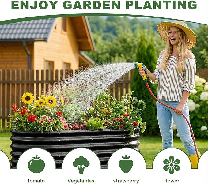 AHEONLAR 2 Pack 4×2×2ft Galvanized Raised Garden Beds Outdoor Oval Sturdy and Durable Planter Boxes for Vegetables Fruits Flowers and Plants Easy Assembly Black
