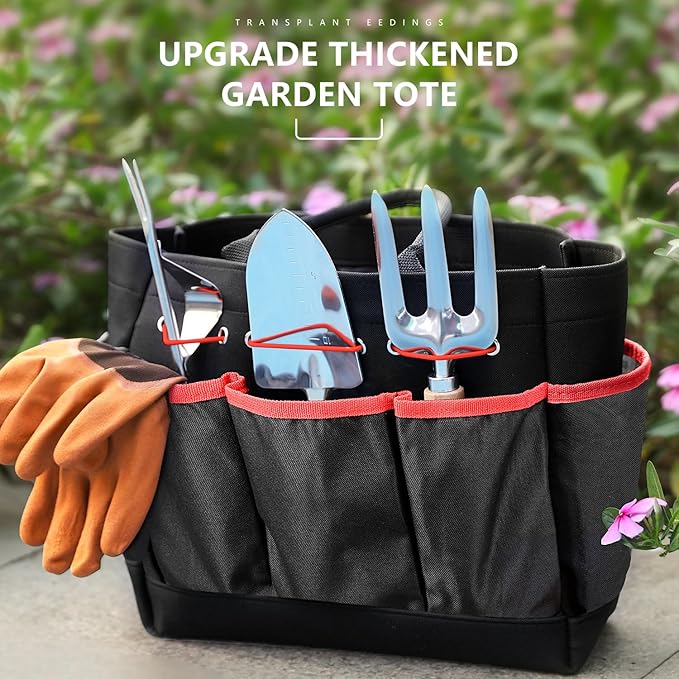 Garden Tools 9-Piece Heavy Duty Gardening Hand Tools with Fashion and Durable Garden Tools Organizer Handbag Rust-Proof Garden Tools Set Ideal Gardening Gifts for Women (Black Red)