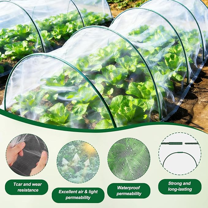 Garden Netting Kit 10 X 50FT Garden Netting Pest Barrier with 10 Sets Garden Hoops and 20pcs Clips Insect Netting Row Cover for Raised Beds Vegetable Fruits Flowers Protection