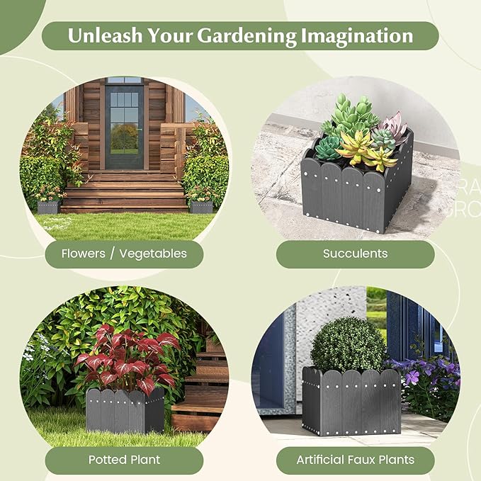 Giantex Set of 2 Raised Garden Bed Weather-Resistant HDPE Planter Boxes with Drain Gaps Square Flower Pots for Vegetables Flowers Fruits Plant Raised Beds for Front Porch Garden Balcony Grey