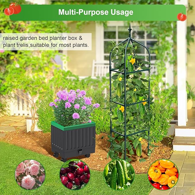 Raised Garden Bed Planter Boxes with Trellis1pcs 70.9Self-Watering Tomato Planter Boxes with Trellis for Climbing Vegetables Plants Flowers Tomato with WheelsUse for Indoor Outdoor (Black)