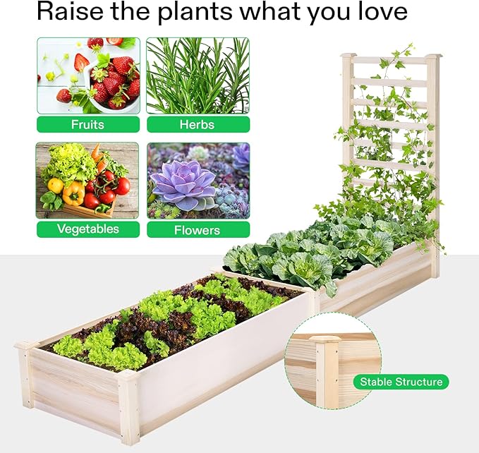 VIVOSUN Wooden Raised Garden Bed 48 x 24 x 30 Inches Outdoor Wood Planter Box with Gloves and a Liner with Trellis for Vine Climbing for Garden Patio Balcony Backyard and Outdoors (Pack of 2)