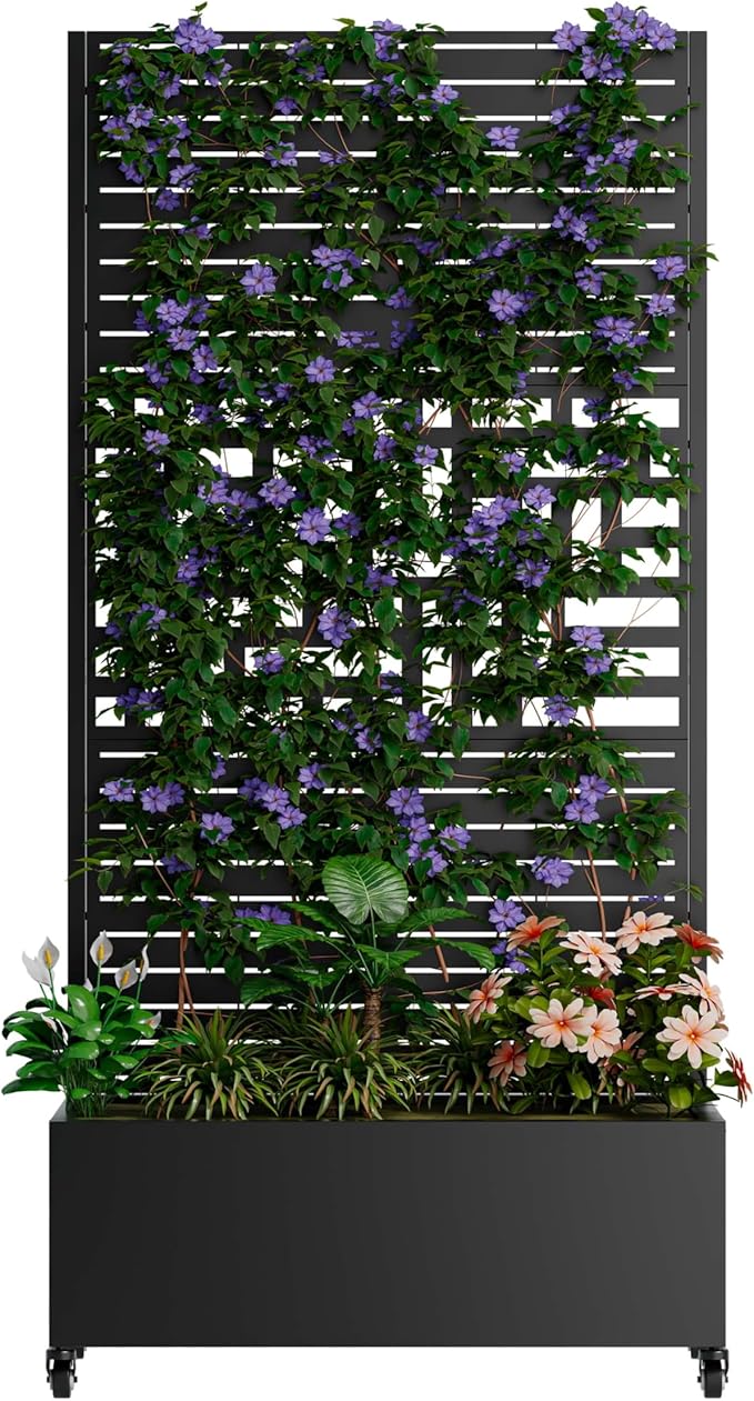 Metal Planter Box with Trellis &amp Wheels Outdoor Privacy Planters for Patio Mobile Raised Garden Bed with Trellis for Climbing Plants Balcony &amp Backyard (Black 5)