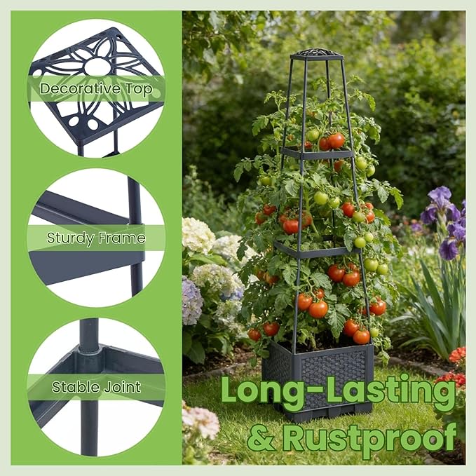 2 Pack Raised Garden Bed Tomato Planter with Trellis - 45 Self Watering Planters Box with Trapezoidal Trellis for Climbing Plants Vegetables Flowers - Tomato Cages for Greenhouse Indoor Outdoor