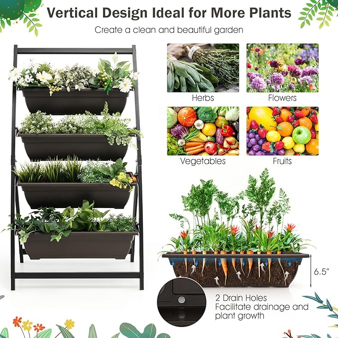 5.2 FT Vertical Raised Garden Bed Metal Standing Planter w/ 4 Drainage Holes and 4 Container Planter Boxes Elevated Garden Bed for Vegetables Flowers Herbs on Balcony Patio Backyard