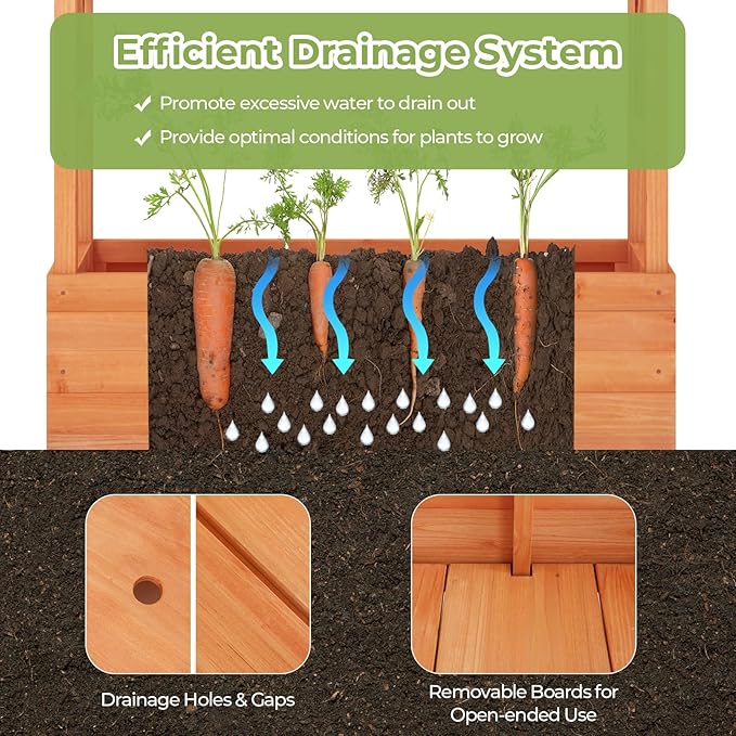 LDAILY Moccha Raised Garden Bed with Trellis Wood Garden Planter with Hanging Roof Drainage Holes Freestanding Elevated Planter Box for Climbing Plants Vines Flowers 43.5 x 17.5 x 72