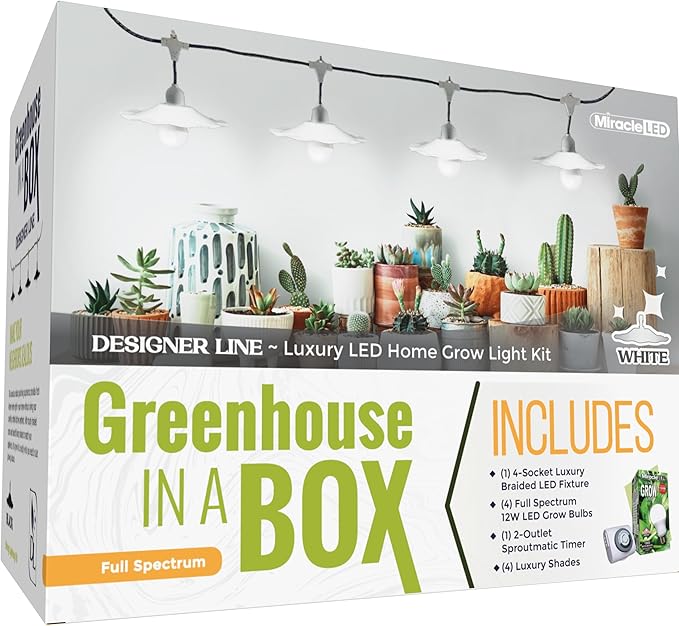 Miracle LED 4-Socket Designer Greenhouse in a Box Full Spectrum Ultra Grow Light Kit with White Shades and Timer.