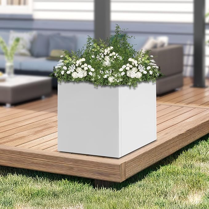 Raised Garden Bed 24 * 24 * 24in Steel Metal Square Planter Box for Indoor Outdoor Balconies Gardens Decks Patios Decks Front Porches (White)