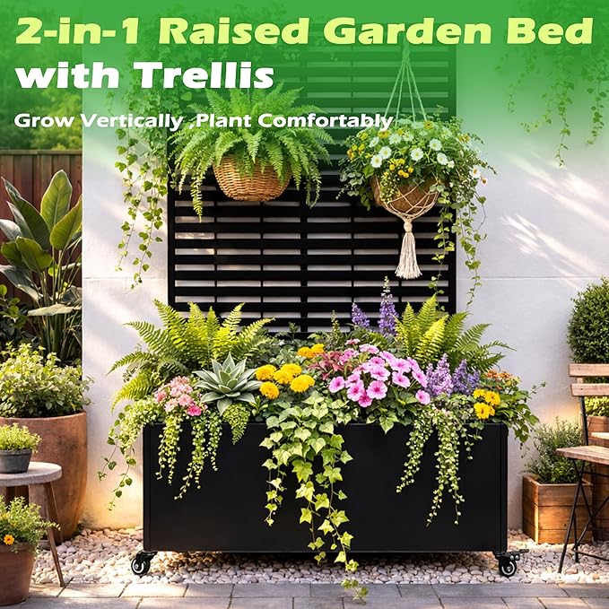 Metal Planter Box with Trellis 43” L x 16” W x 71” H Raised Garden Bed with Wheels Privacy Planters for Patio Metal Planter Box with Drainage Holes Black