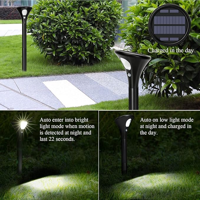 Solar Spot Lights Outdoor 2 PCS Motion Sensor Spotlight Outdoor Lighting Modes IP65 Waterproof Auto On/Off Stake Light for Yard Patio Path(Black)