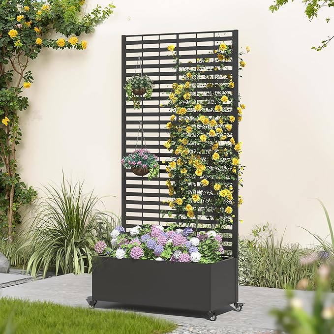 Metal Planter Box with Trellis 73x 35x 16 Raised Garden Bed with Wheels and Drainage Holes Planter with Trellis for Garden Balcony and Patio Black Louvered