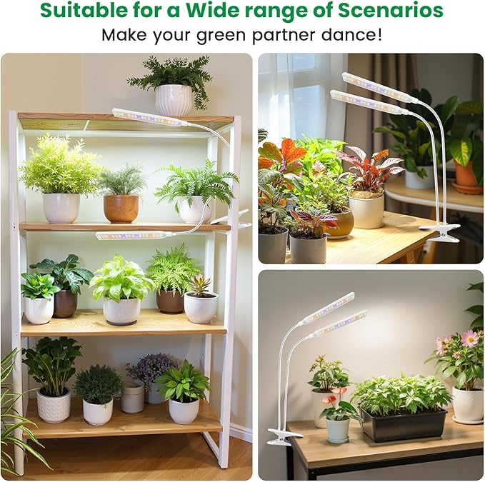 Grow Light Clip on 2 Pack 228 LED Grow Lights for Indoor Plants Full Spectrum 2 Head White Arm Grow Lamp with Gooseneck 6/12/16H Timer 5 Dimming 3 Light Mode