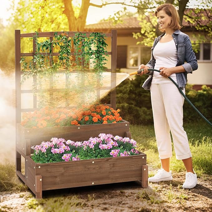 2 Pieces Raised Garden Bed with Trellis 2-Tier Wooden Elevated Planter Box with Legs Hemp Rope &amp Drainage Holes Raised Plant Bed for Backyard Garden Lawn