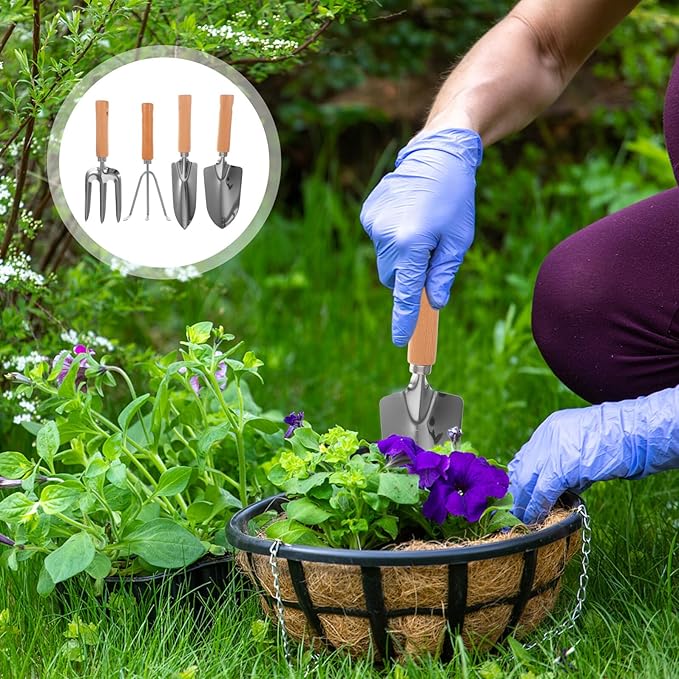 4pcs Garden Tool Set with Wood Handles – Small Hand Garden Shovel Pointed Trowel 3-Prong Rake and 3-Tooth Hoe for Planting and Yard Care
