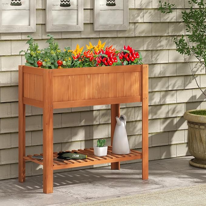 Giantex Raised Garden Bed Outdoor Elevated Fir Wood Garden Box with Legs Bottom Storage Shelf &amp Protective Liner Planter Raised Bed for Gardening Fruit Vegetables Herbs 39 Lx20 Wx39 H