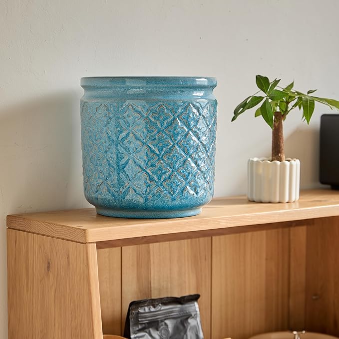 Handmade Ceramic Flower Pot Set of 3 15129 Inch Diameter Blue with Geometric Pattern for Orchids IndoorOutdoor Use on Windowsill Bookshelf Breathable Clay