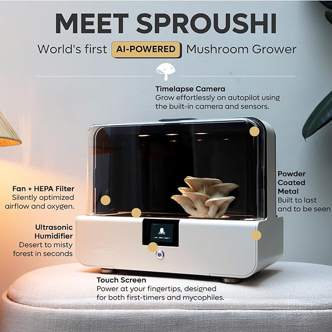 Smart Mushroom Growing Kit – Harvest in 7 Days | Grow Lion’s Mane Reishi &amp Rare Mushrooms You Can't Buy Anywhere Else | AI-Powered Humidity O2 and Lighting + Timelapse Camera | Matte Black