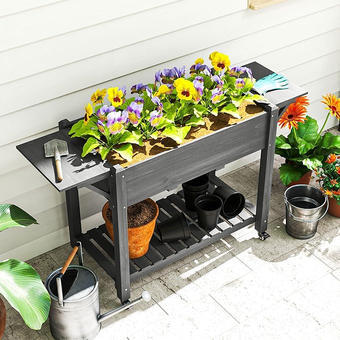 Wood Garden Bed Raised with Heavy-Duty Lockable Wheels Sturdy Side Tables Adjustable Bottom Shelf Professional Drainage Holes and Natural Gray Finish