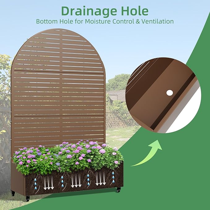 Casaphoria Metal Raised Garden Bed with Trellis and Wheels 72x47x16 Arched Planter Box for Climbing Plants Vegetables &amp Vines Features Drainage Holes and Privacy Screen (Brown-Louvered)