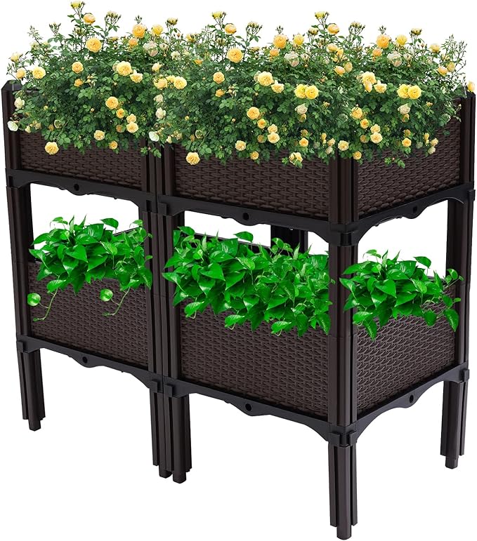 Self Watering Raised Garden Bed Self Watering Planter Raised Garden Beds Outdoor Square Planters for Outdoor Plants for Vegetables Fruits Potato Flowers (Brown)