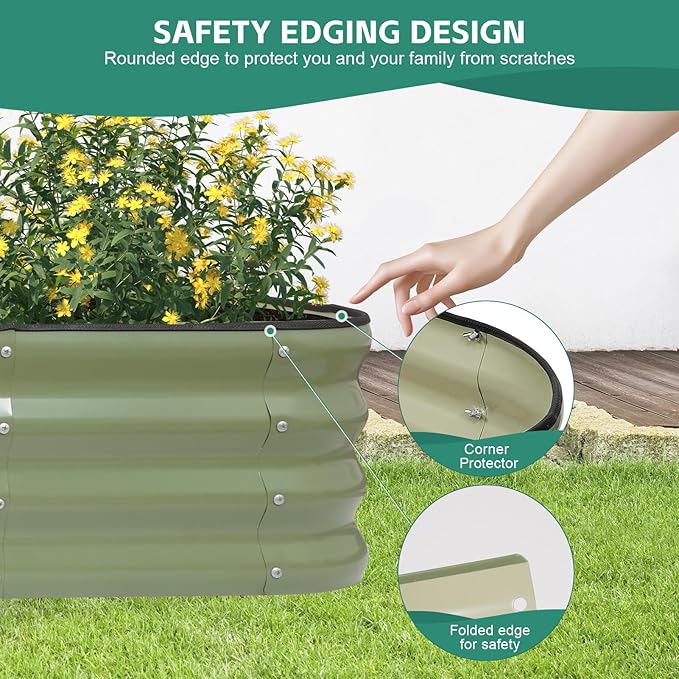 4 in 1Galvanized Raised Garden Bed - 5x3x1ft Modular Garden Planter Bed Outdoor | Steel Raised Bed Kit with Bracing Rods Gloves for Gardening Vegetables Fruits and Flowers (Green)