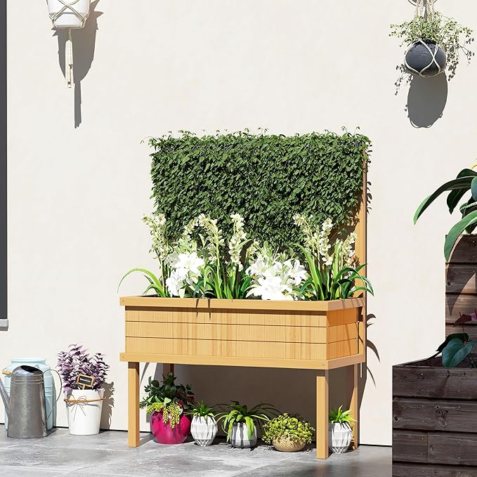 Wooden Planter Box with Trellis Elevated Raised Garden Bed for Climbing Plants Fir Wood Flower Shelf with Drainage Holes Natural 41.25 W x 17.75 D x 55 H